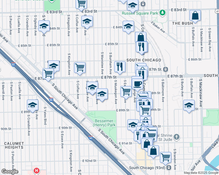 map of restaurants, bars, coffee shops, grocery stores, and more near 8743 South Manistee Avenue in Chicago