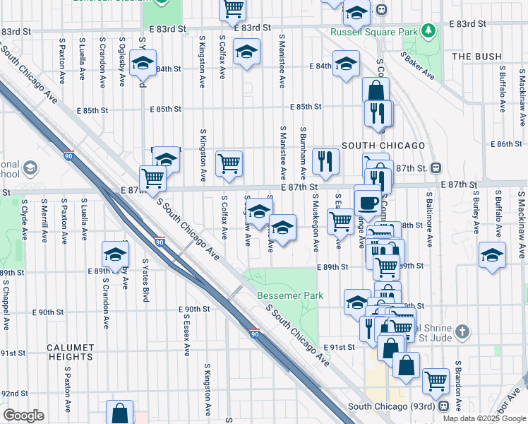 map of restaurants, bars, coffee shops, grocery stores, and more near 8743 South Marquette Avenue in Chicago