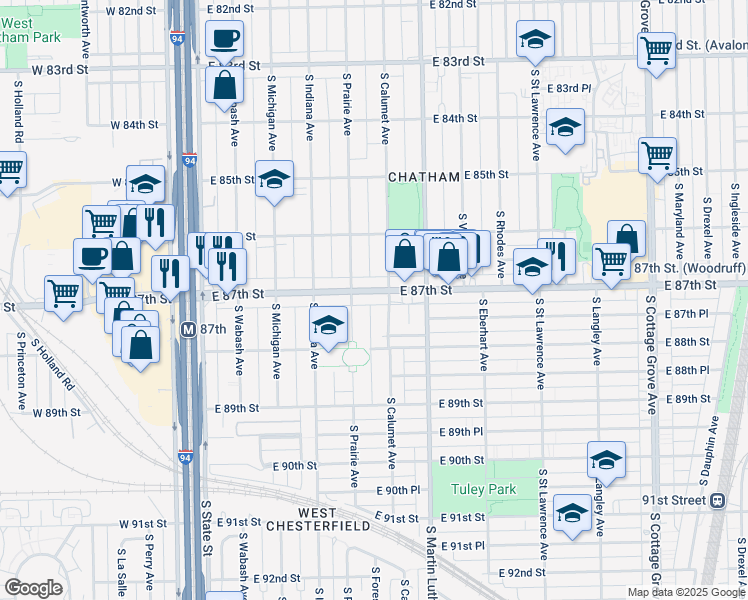 map of restaurants, bars, coffee shops, grocery stores, and more near 8714 South Calumet Avenue in Chicago