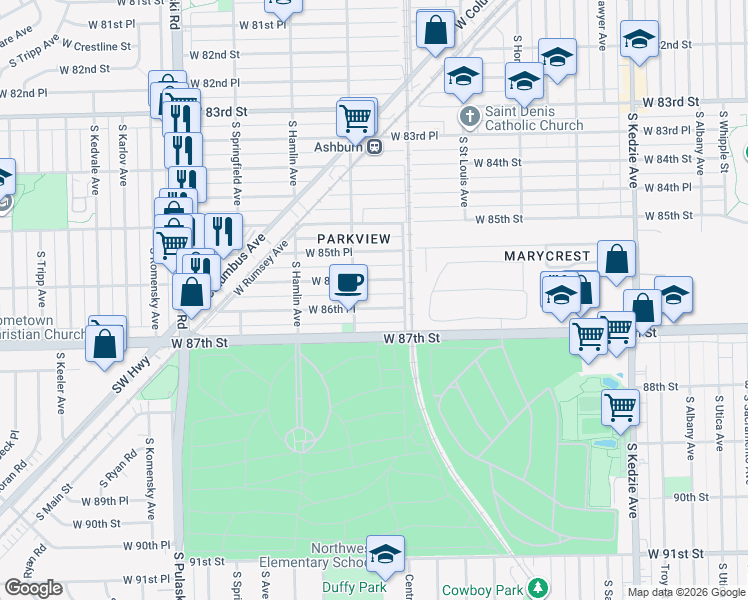 map of restaurants, bars, coffee shops, grocery stores, and more near 3650 West 86th Place in Chicago