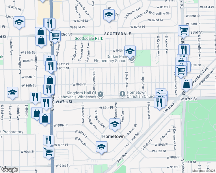 map of restaurants, bars, coffee shops, grocery stores, and more near 8613 South Kilbourn Avenue in Chicago