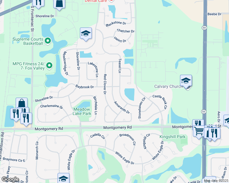 map of restaurants, bars, coffee shops, grocery stores, and more near 1116 Teasel Lane in Naperville