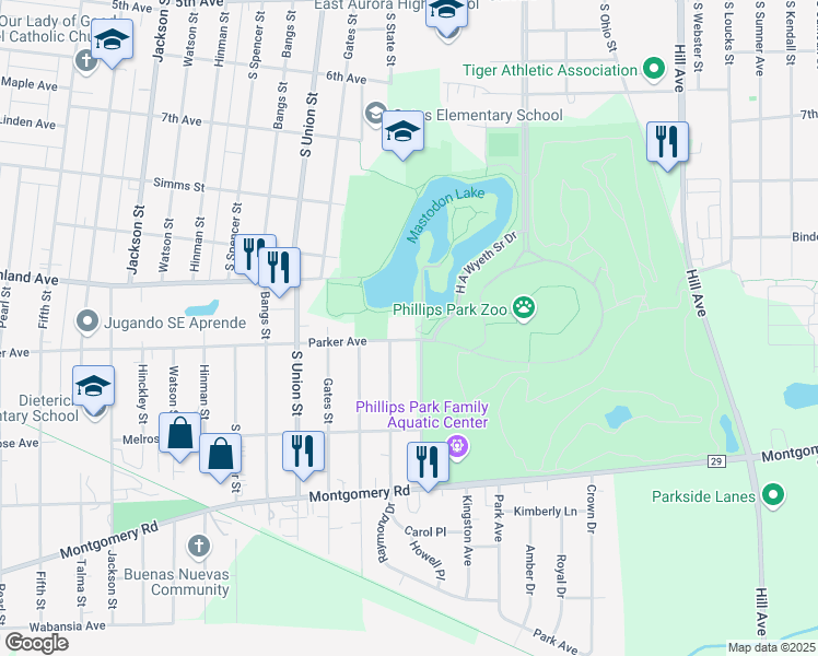 map of restaurants, bars, coffee shops, grocery stores, and more near 1037 Howell Place in Aurora