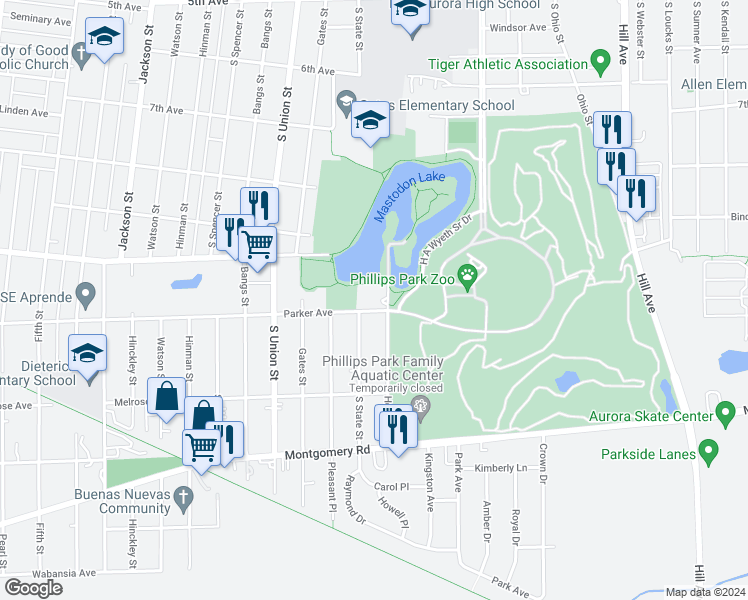 map of restaurants, bars, coffee shops, grocery stores, and more near 1037 Howell Place in Aurora