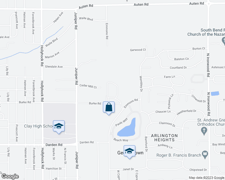 map of restaurants, bars, coffee shops, grocery stores, and more near 4330 Queen's Row in South Bend
