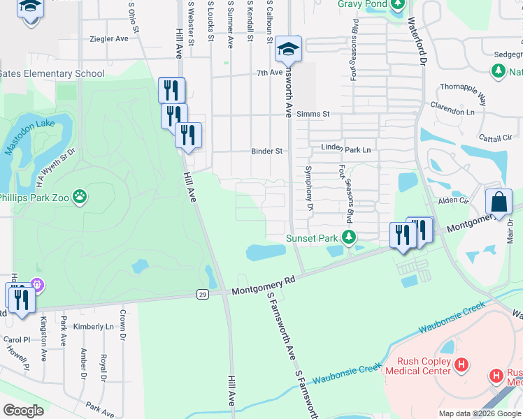 map of restaurants, bars, coffee shops, grocery stores, and more near 1046 Celebration Drive in Aurora