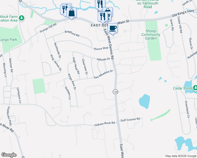 map of restaurants, bars, coffee shops, grocery stores, and more near 45 Sea Meadow Drive in Dennis