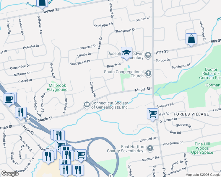 map of restaurants, bars, coffee shops, grocery stores, and more near 19 Holly Road in East Hartford