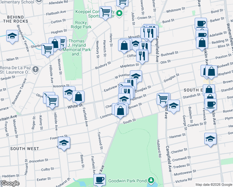 map of restaurants, bars, coffee shops, grocery stores, and more near 54 White Street in Hartford