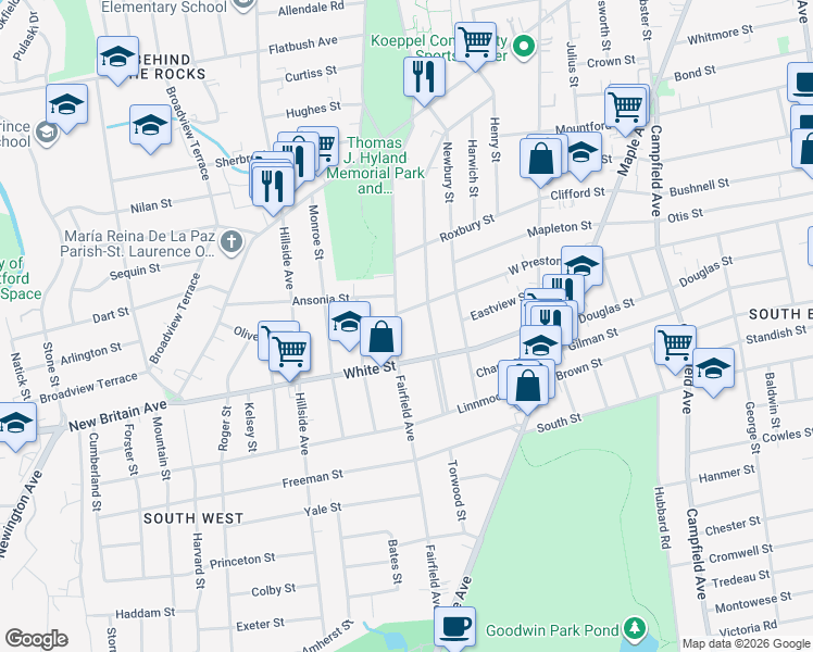map of restaurants, bars, coffee shops, grocery stores, and more near 197 Fairfield Avenue in Hartford