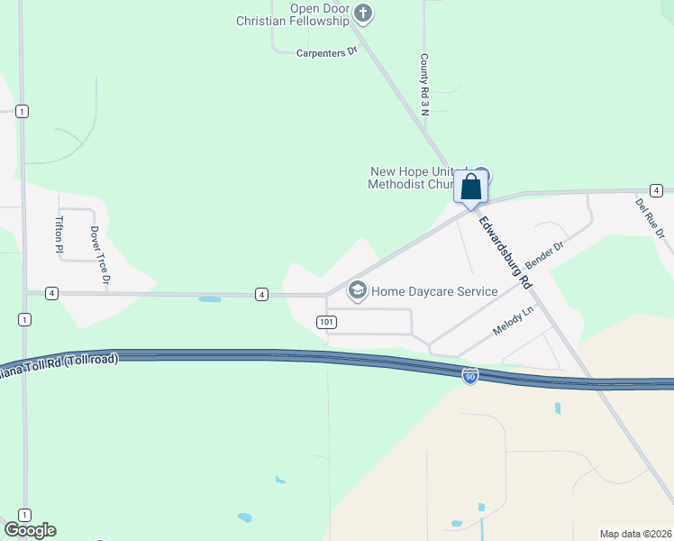 map of restaurants, bars, coffee shops, grocery stores, and more near 29183 County Road 4 in Elkhart