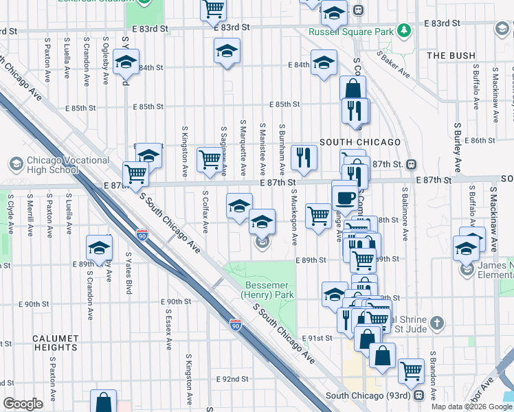 map of restaurants, bars, coffee shops, grocery stores, and more near 8743 South Marquette Avenue in Chicago