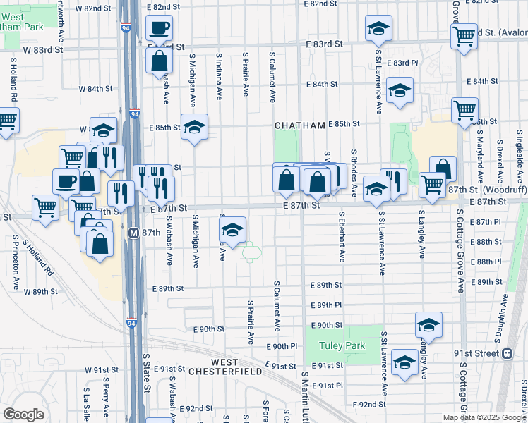map of restaurants, bars, coffee shops, grocery stores, and more near 8714 South Calumet Avenue in Chicago