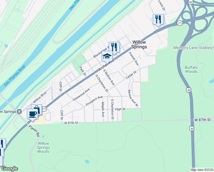 map of restaurants, bars, coffee shops, grocery stores, and more near 206 South Charleton Street in Willow Springs