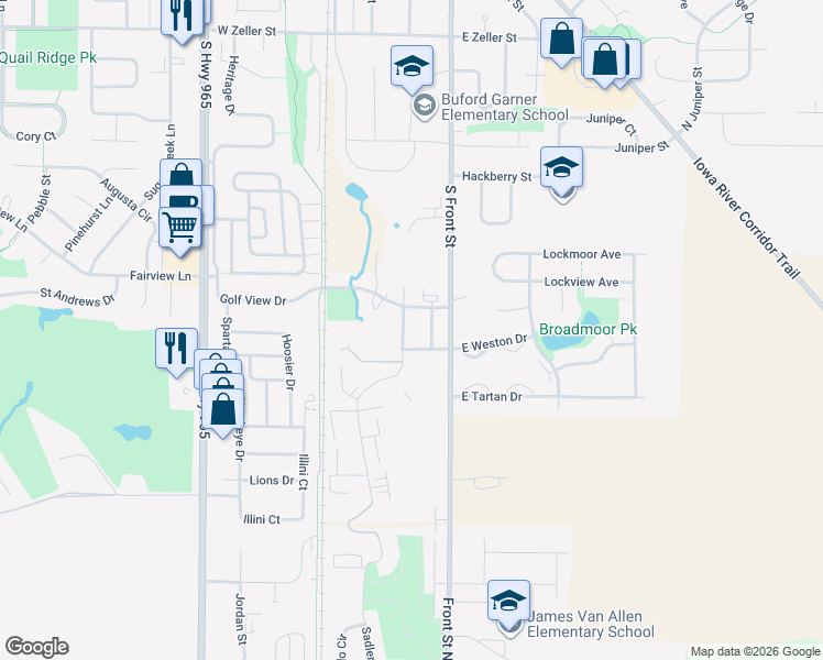 map of restaurants, bars, coffee shops, grocery stores, and more near 645 Rebecca Street in North Liberty