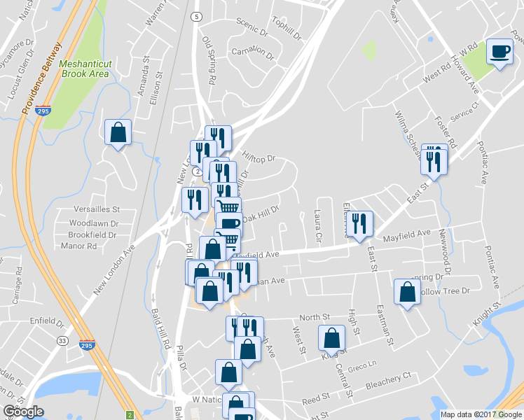 map of restaurants, bars, coffee shops, grocery stores, and more near 62 Oak Hill Drive in Cranston