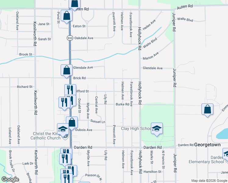 map of restaurants, bars, coffee shops, grocery stores, and more near 19398 Clifford Street in South Bend