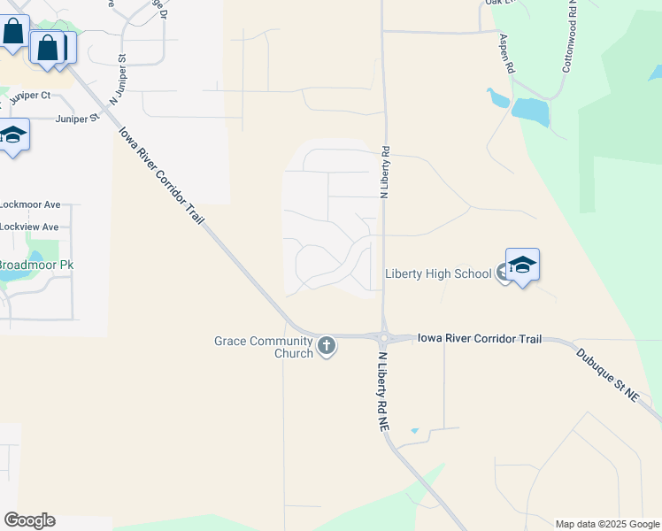 map of restaurants, bars, coffee shops, grocery stores, and more near 1230 Leann Circle in North Liberty