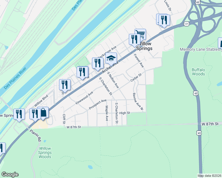 map of restaurants, bars, coffee shops, grocery stores, and more near 206 South Charleton Street in Willow Springs