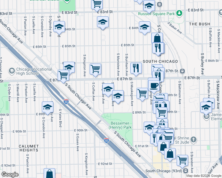 map of restaurants, bars, coffee shops, grocery stores, and more near 8734 South Marquette Avenue in Chicago