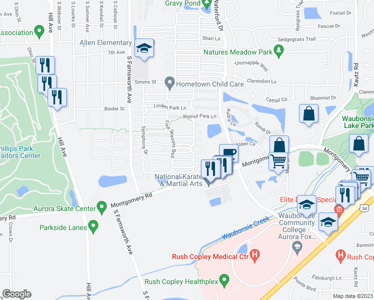 map of restaurants, bars, coffee shops, grocery stores, and more near 1711 Maple Park Lane in Aurora