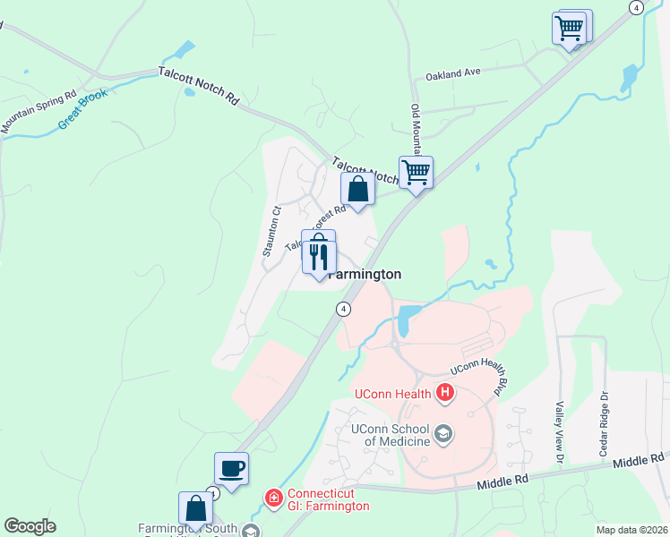 map of restaurants, bars, coffee shops, grocery stores, and more near 138 Farmington Avenue in Farmington