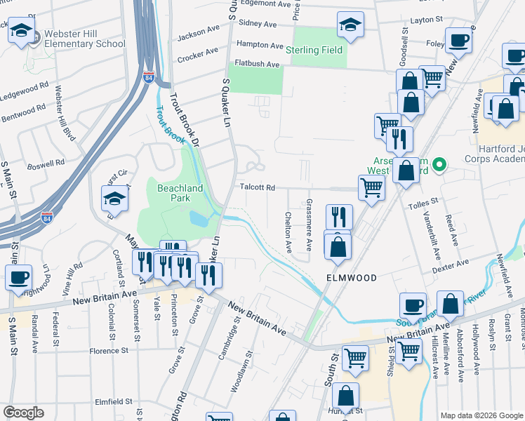 map of restaurants, bars, coffee shops, grocery stores, and more near 38 Fenwood Avenue in West Hartford