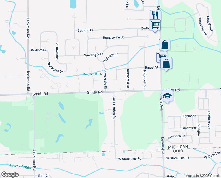 map of restaurants, bars, coffee shops, grocery stores, and more near 1286 Smith Road in Temperance