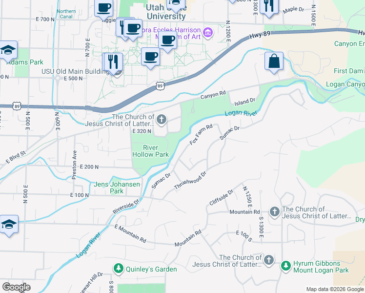 map of restaurants, bars, coffee shops, grocery stores, and more near 1053 Fox Farm Road in Logan