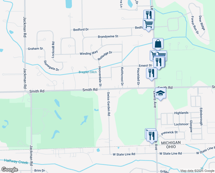 map of restaurants, bars, coffee shops, grocery stores, and more near 1286 Smith Road in Temperance