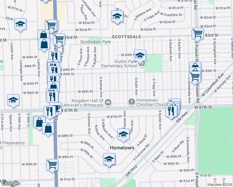 map of restaurants, bars, coffee shops, grocery stores, and more near 8613 South Kilbourn Avenue in Chicago