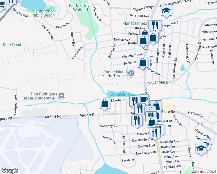 map of restaurants, bars, coffee shops, grocery stores, and more near 1465 Warwick Avenue in Warwick