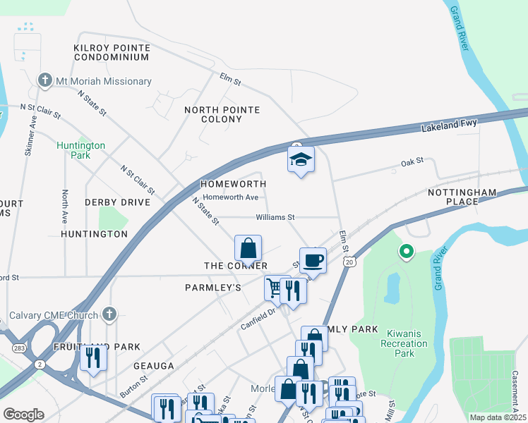 map of restaurants, bars, coffee shops, grocery stores, and more near 564 Williams Street in Painesville
