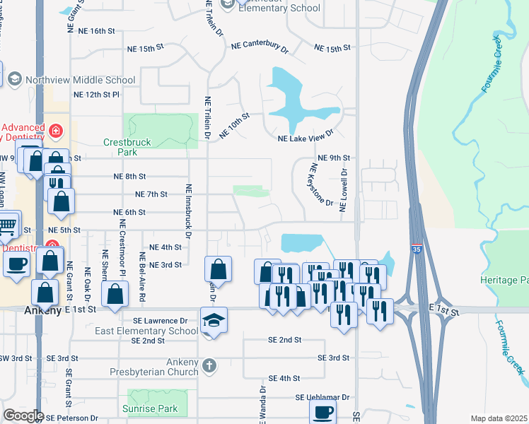 map of restaurants, bars, coffee shops, grocery stores, and more near 806 Northeast 5th Street in Ankeny
