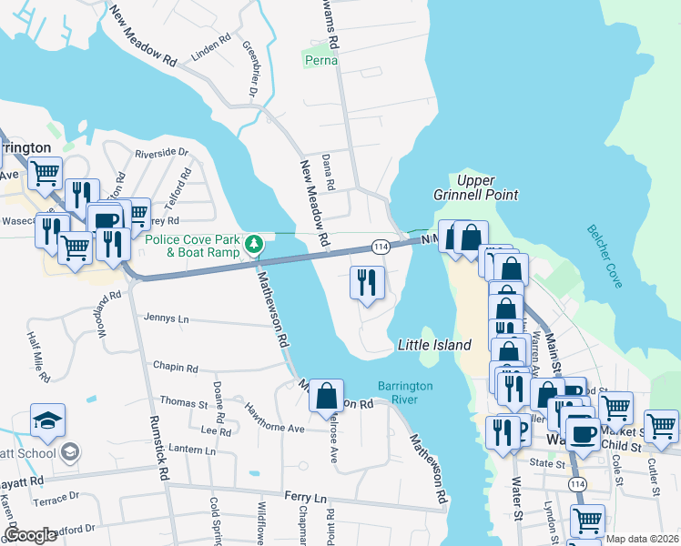 map of restaurants, bars, coffee shops, grocery stores, and more near 7 Barton Avenue in Barrington