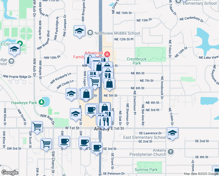 map of restaurants, bars, coffee shops, grocery stores, and more near 201 Northeast 6th Street in Ankeny
