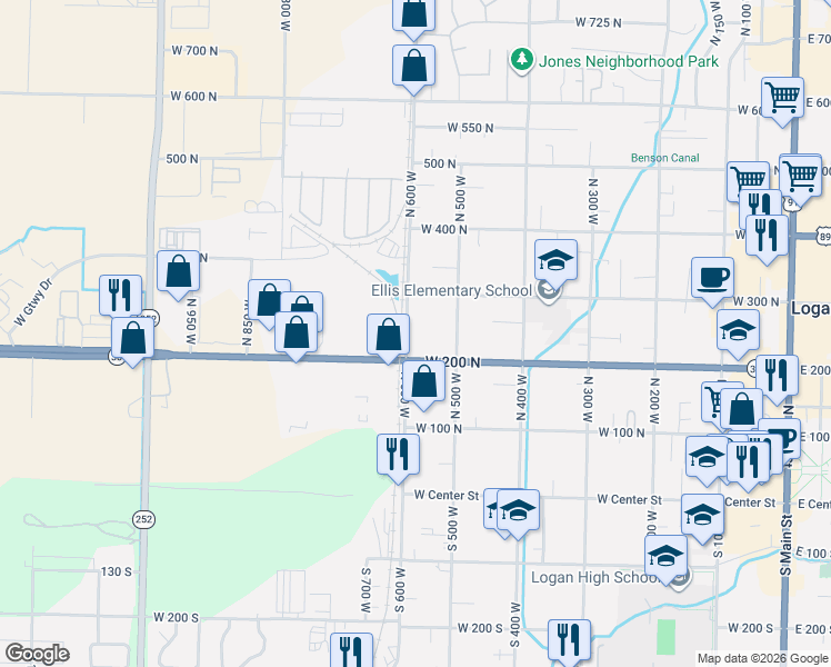 map of restaurants, bars, coffee shops, grocery stores, and more near 571 West 200 South in Logan