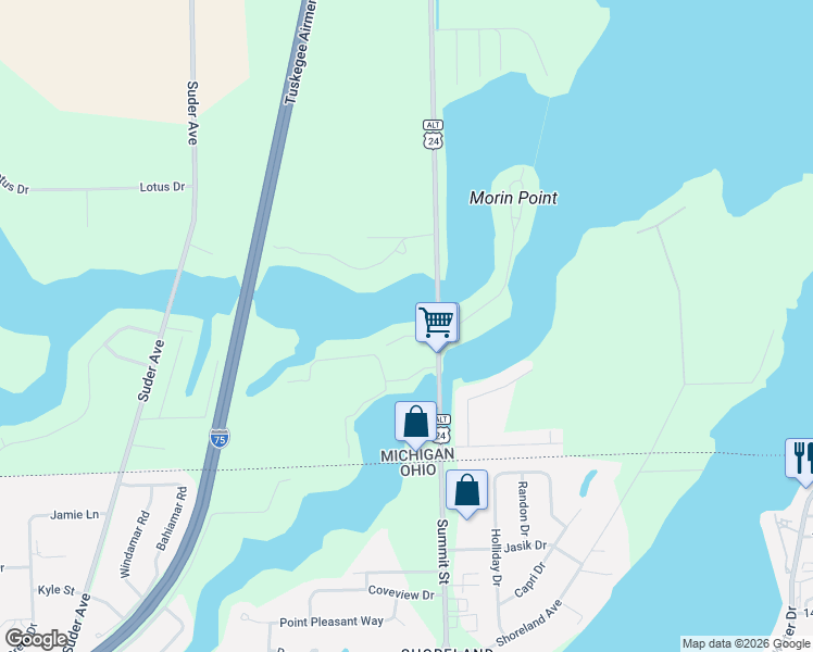 map of restaurants, bars, coffee shops, grocery stores, and more near 2746 Morin Point West in Erie