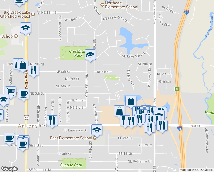 map of restaurants, bars, coffee shops, grocery stores, and more near 1210 Northeast 6th Street in Ankeny