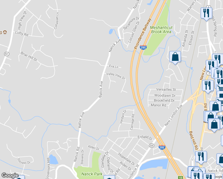 map of restaurants, bars, coffee shops, grocery stores, and more near 40 Woodcrest Court in Cranston