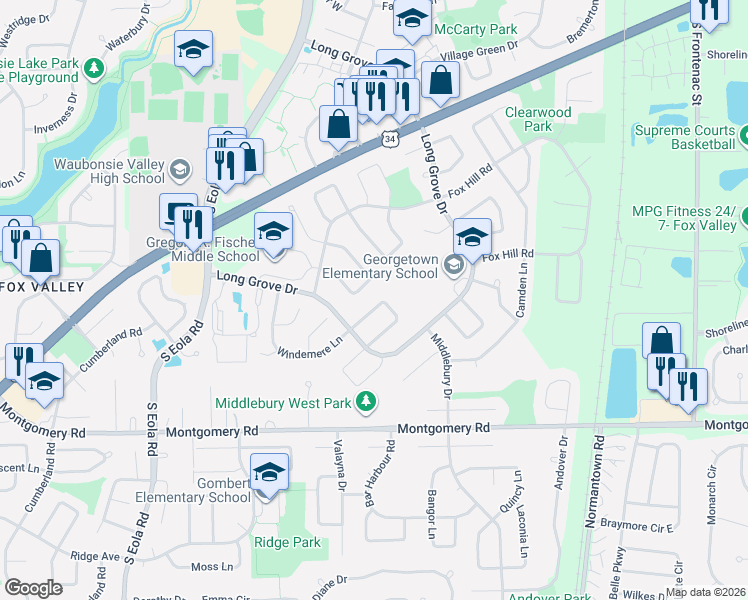 map of restaurants, bars, coffee shops, grocery stores, and more near 2945 Worcester Lane in Aurora