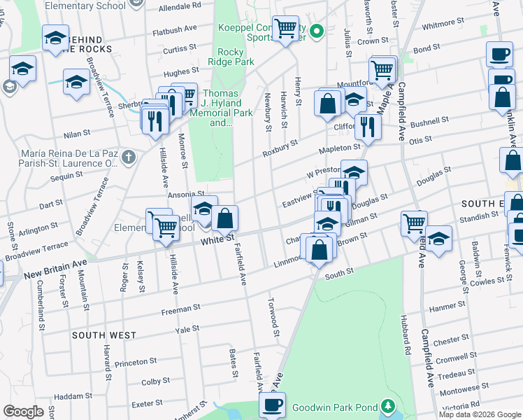 map of restaurants, bars, coffee shops, grocery stores, and more near 229 Grandview Terrace in Hartford