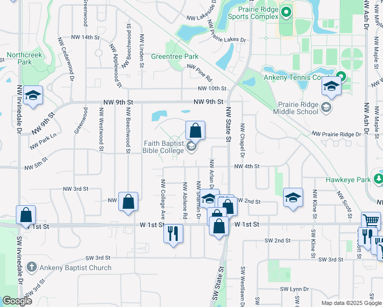 map of restaurants, bars, coffee shops, grocery stores, and more near 1900 Northwest 4th Street in Ankeny