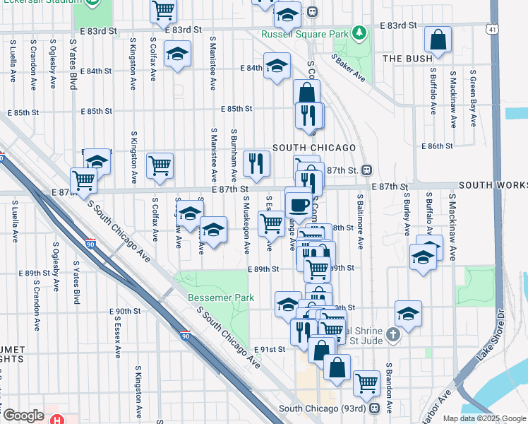 map of restaurants, bars, coffee shops, grocery stores, and more near 8734 South Escanaba Avenue in Chicago