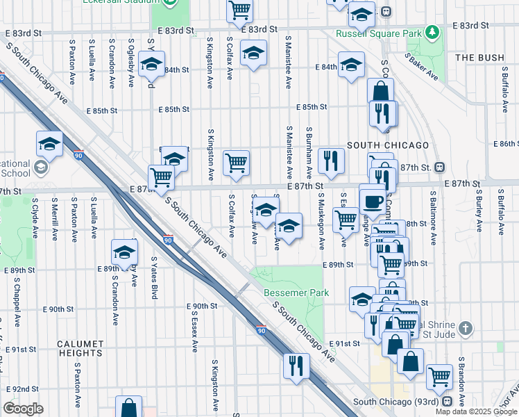 map of restaurants, bars, coffee shops, grocery stores, and more near 8733 South Saginaw Avenue in Chicago