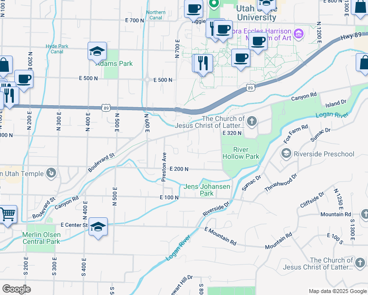 map of restaurants, bars, coffee shops, grocery stores, and more near 725 East 275 North in Logan