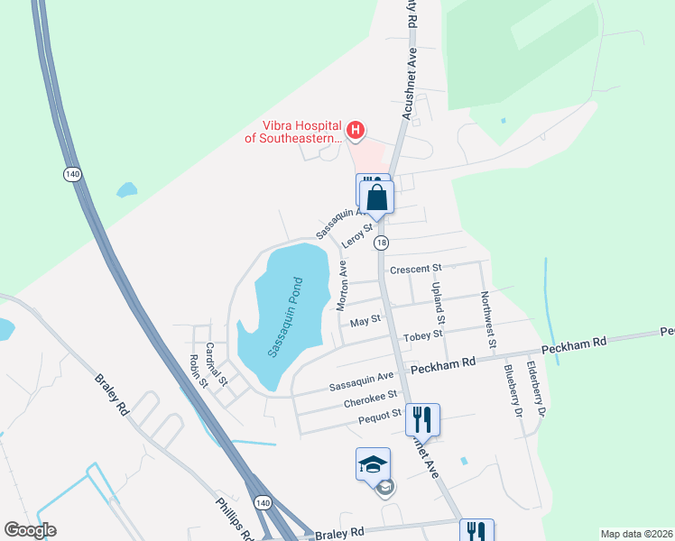 map of restaurants, bars, coffee shops, grocery stores, and more near 1507 Morton Avenue in New Bedford