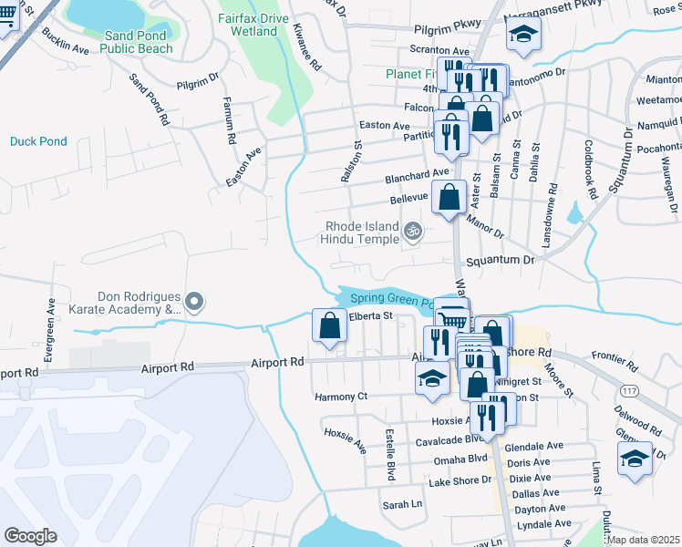 map of restaurants, bars, coffee shops, grocery stores, and more near 1465 Warwick Avenue in Warwick