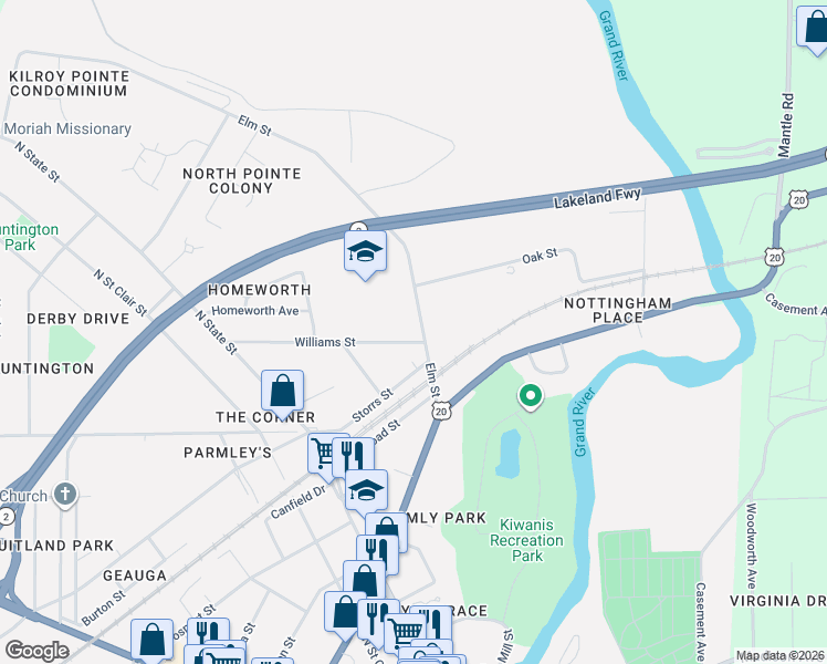 map of restaurants, bars, coffee shops, grocery stores, and more near 496 Elm Street in Painesville