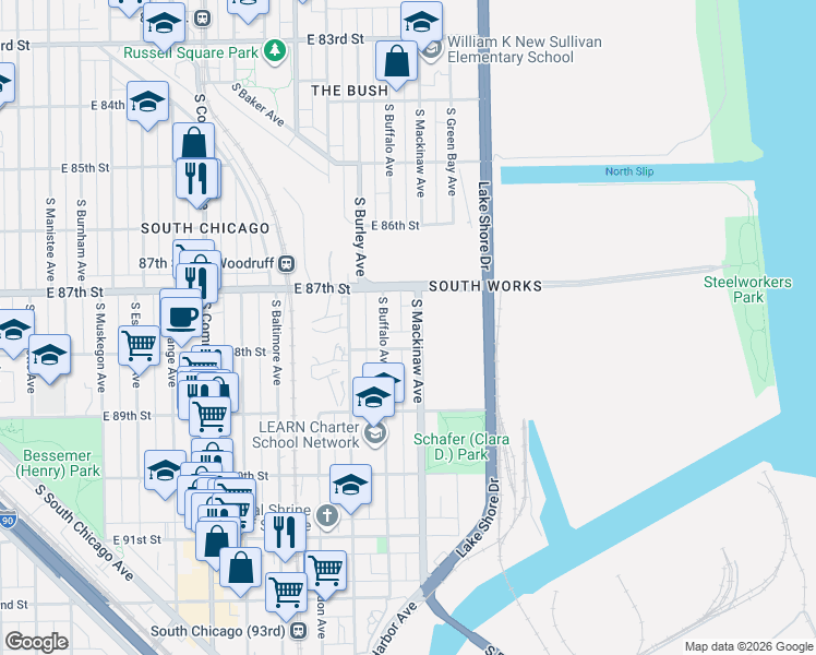 map of restaurants, bars, coffee shops, grocery stores, and more near 3328 East 88th Street in Chicago